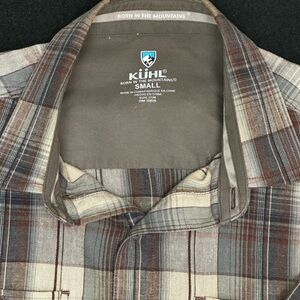 Kuhl Short Sleeve Plaid Button-Up Shirt in Brown, Gray and Blue